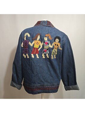 Chicos Design Denim Jacket Size 0 (=S) Colorful Embroidery Beaded Silk Applique'
